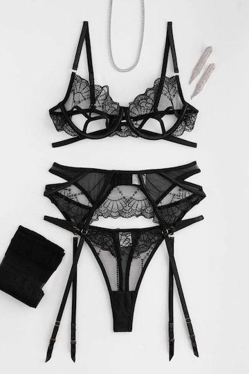 Set Εσώρουχα See Through Ζαρτιέρες & Κάλτσες Μαυρο