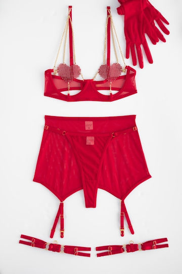 Dessous-Set mit Bügeln, Strass, Strapsen & Handschuhen Rot