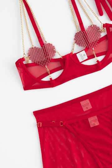 Dessous-Set mit Bügeln, Strass, Strapsen & Handschuhen Rot