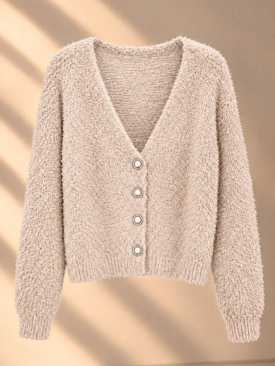 Kurze Gestrickte Damen-Strickjacke mit Knöpfen Beige