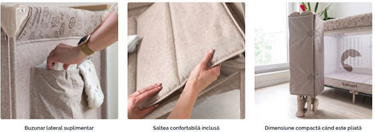 Kidnort Pătuț pliabil tip țarc cu saltea Bej 128x68cm