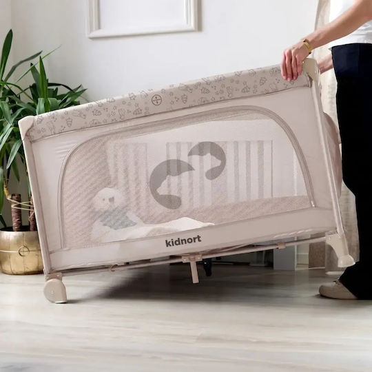 Kidnort Pătuț pliabil tip țarc cu saltea Bej 128x68cm