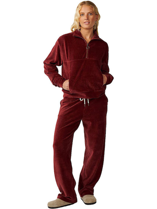 Χειμερινή Γυναικεία Fleece Μπλούζα Μανίκι 3/4 με Φερμουάρ Μπορντό