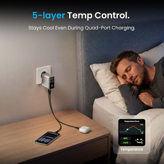 Vention GaN Зарядно Устройство с USB-A Порт и 3 USB-C Порта и USB-C - USB-C Кабел 140 W Power Delivery Сребристо (Dash Pro)