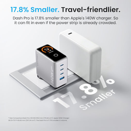 Vention GaN Зарядно Устройство с USB-A Порт и 3 USB-C Порта и USB-C - USB-C Кабел 140 W Power Delivery Сребристо (Dash Pro)