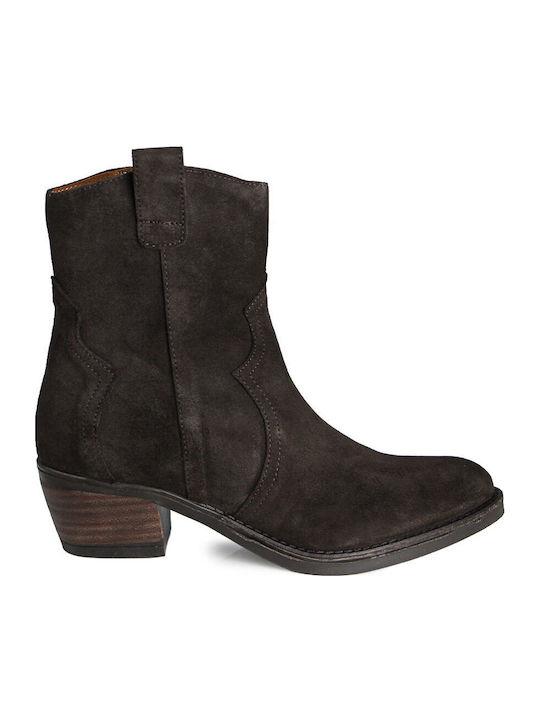 Leather Women's Cowboy Ankle Boots with Medium Heel Brown