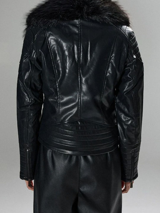 Black Leather Women's Winter Jacket