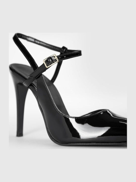 Black Pointed Patent Leather Heels with Strap