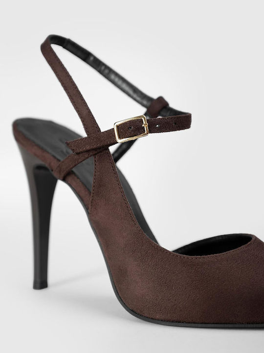 Brown Suede Pointed Toe Heels with Strap