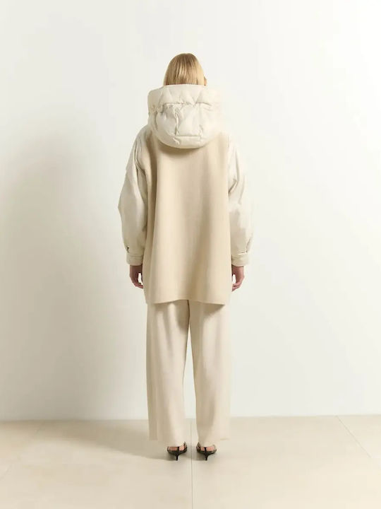 Wool Women's Coat Cold Cream with Hood