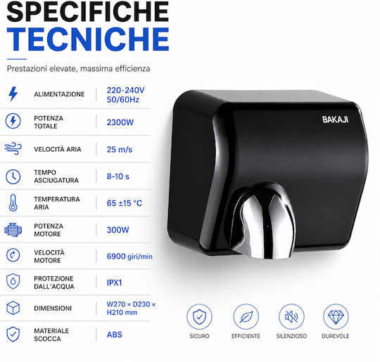 Bakaji Plastic Hand Dryer with Sensor in Black Colour 2.3kW 02002448