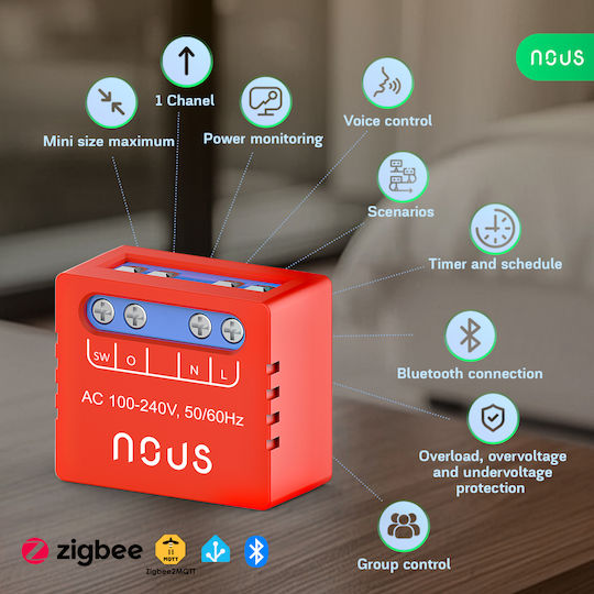 Nous Smart Switch 1 Καναλιού Bluetooth & ZigBee 8.5A με Τηλεχειριστήριο