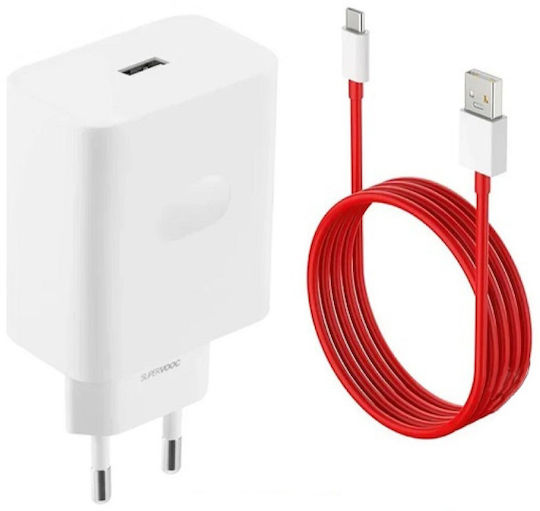 OnePlus Зарядно устройство с USB-A порт и USB-C порт и USB-C кабел 100 W Power Delivery / PPS бял (SUPERVOOC)