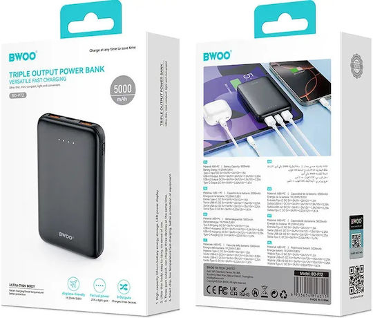 BWOO P72 Power Bank 5000 mAh 22,5 W mit 2 USB-A-Anschlüssen und USB-C-Anschluss Power Delivery / Quick Charge Schwarz