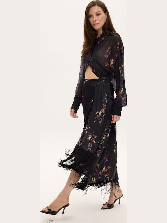 Midi Floral Envelope Skirt Black