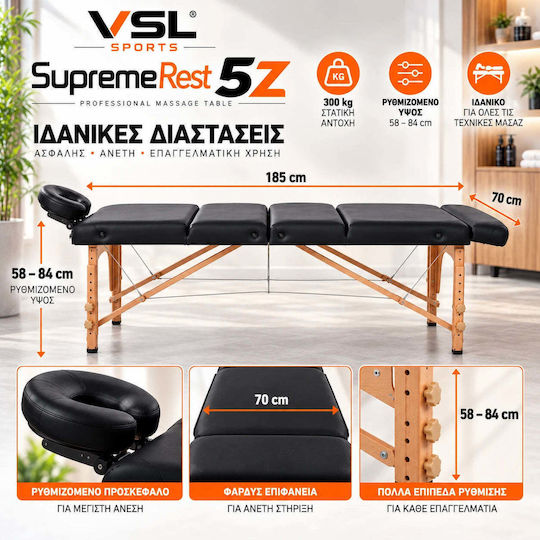 VSL Sports Supremerest 5Z Сгъваемо Дървено Легло за Физиотерапия, Черно, 185x70 см