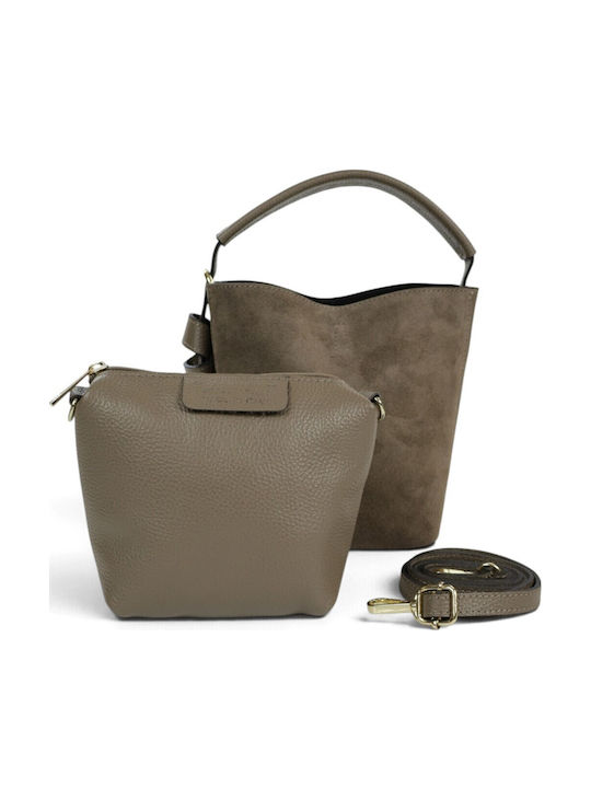 Leather Women's Suede Drawstring Bag Taupe Scuro
