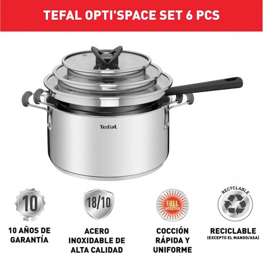 Tefal Optispace Σετ Μαγειρικά Σκεύη από Ανοξείδωτο Ατσάλι με Κεραμική Επίστρωση 3 τεμαχίων
