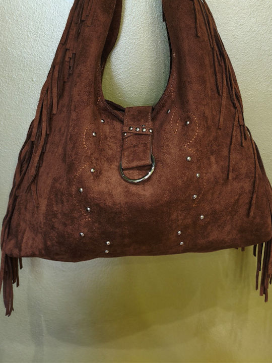 Gestrickte Damen-Hobo-Tasche aus Wildleder mit Fransen Braun