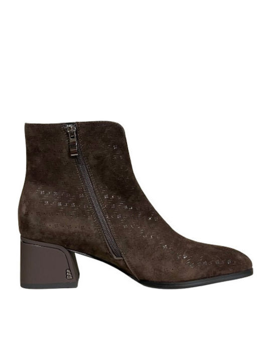 Braune Damen-Stiefeletten aus Wildleder mit mittelhohem Absatz