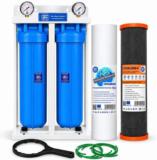 Aqua Filter Doppeltes Wasserfiltergerät für die zentrale Wasserversorgung, Rohrquerschnitt 1'' mit Ersatzfilter BB202PS20BLP