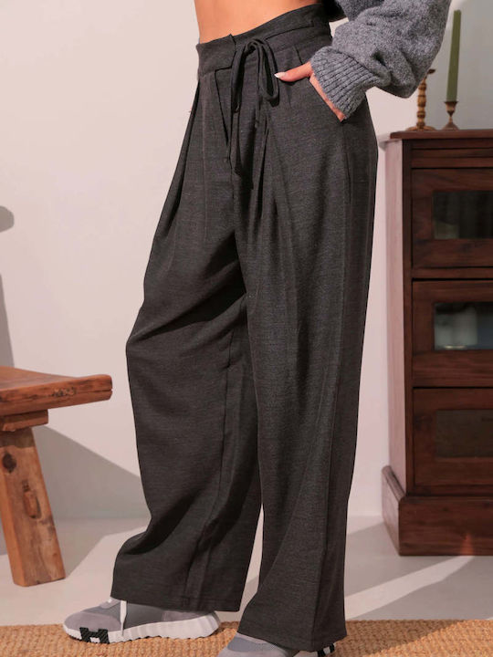 Pantaloni Dama din Țesătură cu Talie Înaltă, cu Croială Relaxed, Gri Melanj