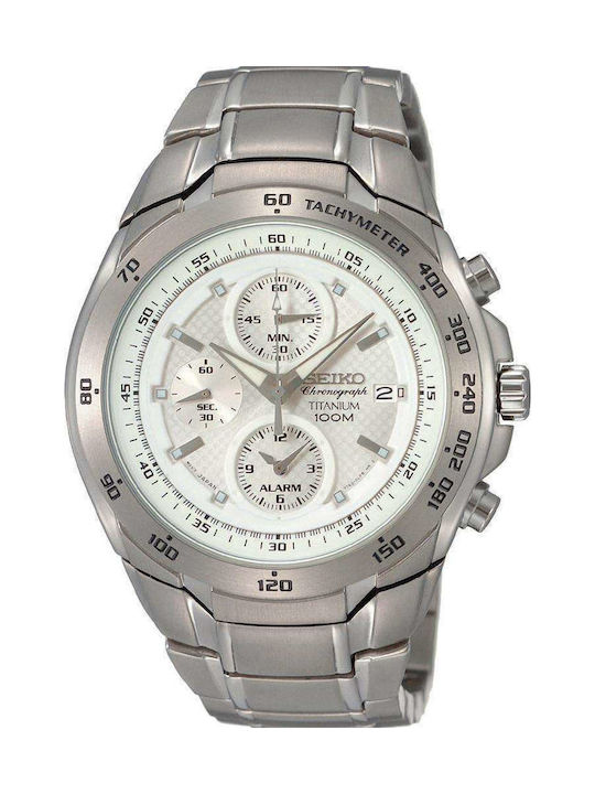 Seiko Titanium Herrenuhr 41mm Chronograph Batterie mit Silber Metallarmband