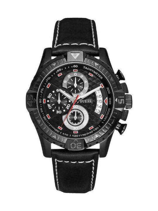 Guess Battery Chronograph Watch with Leather Strap Black