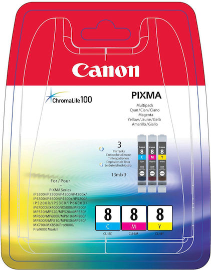 Canon CLI-8 Original Pack of 3 InkJet Printer Inks Yellow / Cyan / Magenta (0621B029)