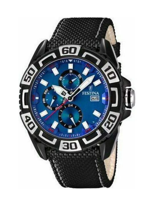 Festina Multifunction Black Leather Strap Blue Dial -