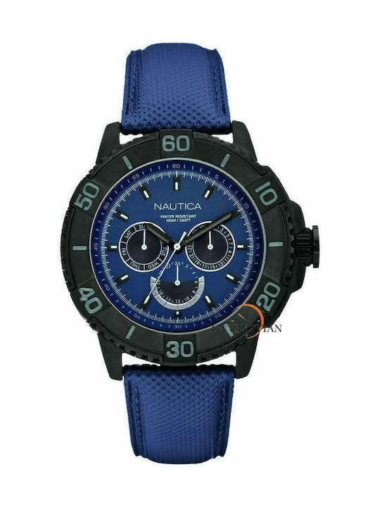 Nautica Multifunction Black Case Dark Blue Leather Strap