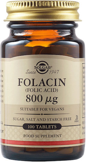 Solgar Folacin Vitamina pentru Sănătatea Sistemului Nervos 800mcg 100 Tablete