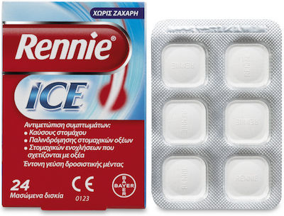 Bayer Rennie Ice Tratamentul simptomelor de arsură stomacală / iritație gastrică 24 comprimate masticabile Cool Mint fără zahăr Menta