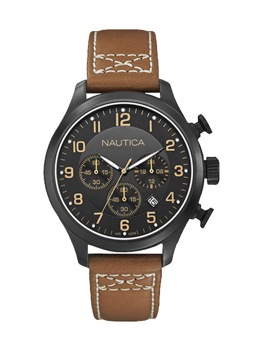 Nautica Watch Chronograph Battery with Brown Leather Strap A16599G