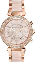 Michael Kors Parker Crystals Chrono Chronograph Watch with Ceramic Bracelet Pink Gold