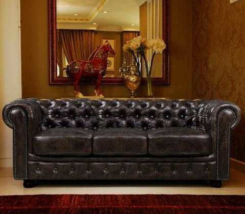 CHESTERFIELD Τριθέσιος Καναπές Γνήσιο Δέρμα Καφέ 201x92x72εκ.