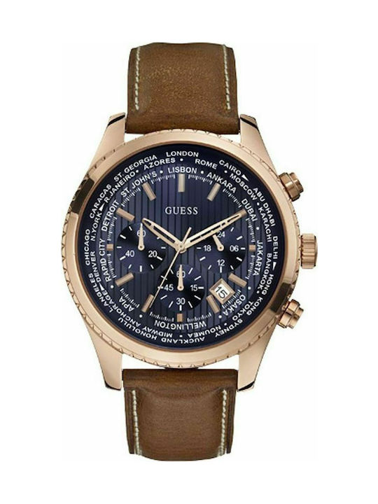 Guess Men's Pursuit Chronograph Rose Gold Brown Leather Strap
