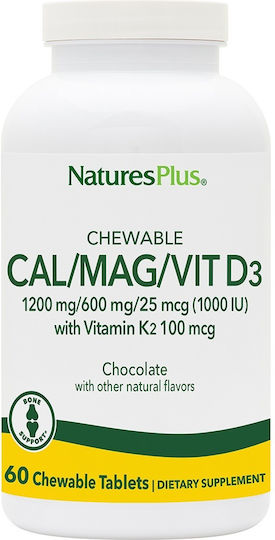 Nature's Plus Cal/Mag/Vit D3 with Vitamin K2 60 μασώμενες ταμπλέτες Σοκολάτα