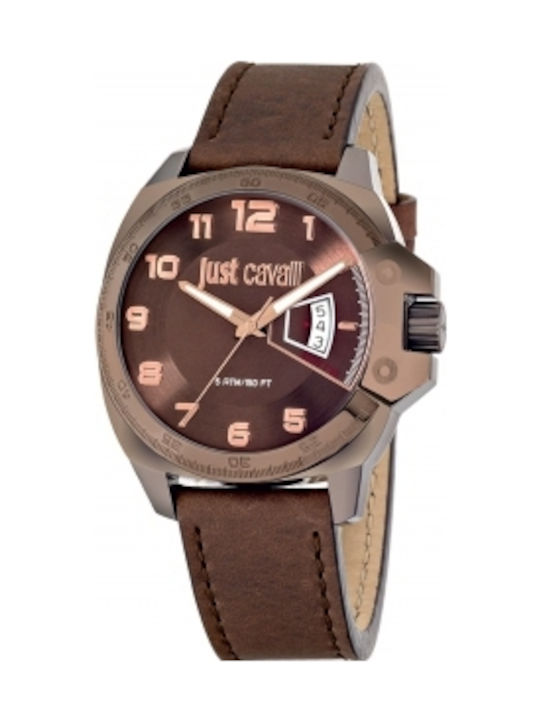 Just Cavalli Мъжки Часовник 48mm На Батерия С Кафява Кожена Каишка