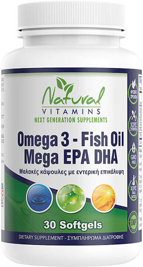 Natural Vitamins Omega 3 Fish Oil Mega EPA DHA Fish Oil 1000mg 30 softgels