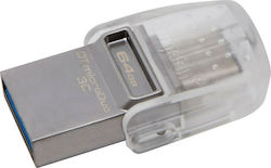 Kingston DataTraveler microDuo 3C 64GB USB 3.1 Stick with connection USB-A & USB-C Silver