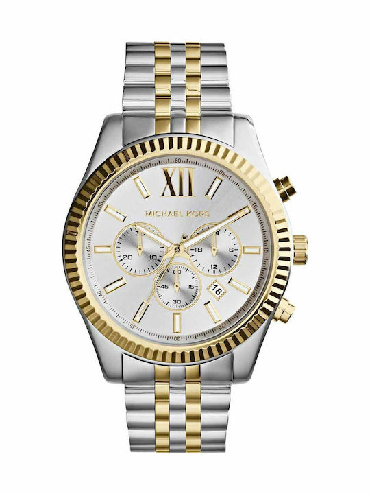 Michael Kors Lexington Herrenuhr 45mm Chronograph Batterie mit Silber Metallarmband