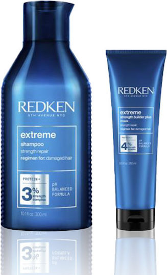 Redken Extreme Shampoo 300ml & Strength Builder Plus 250m Haarpflegeset für strapaziertes Haar mit Shampoo und Maske