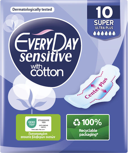 Every Day Sensitive with Cotton Super Hygienepads mit Flügeln für Starke Strömung 6 Tropfen 10Stück Ultra Plus