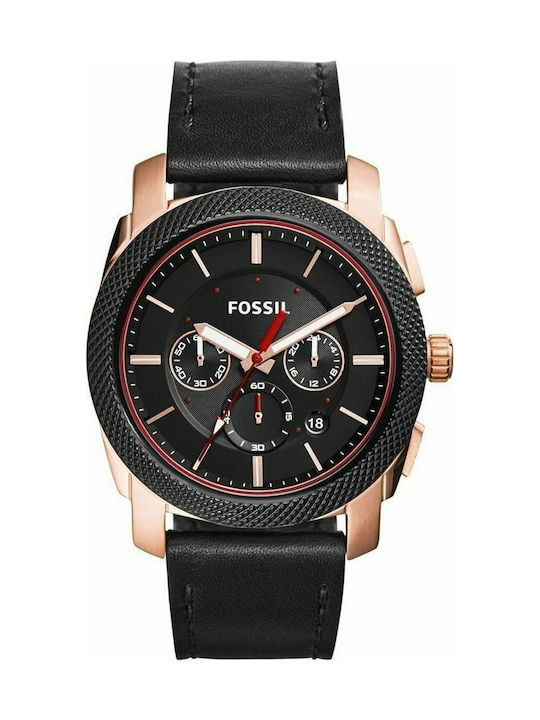 Fossil Machine Watch Chronograph Battery with Black Leather Strap