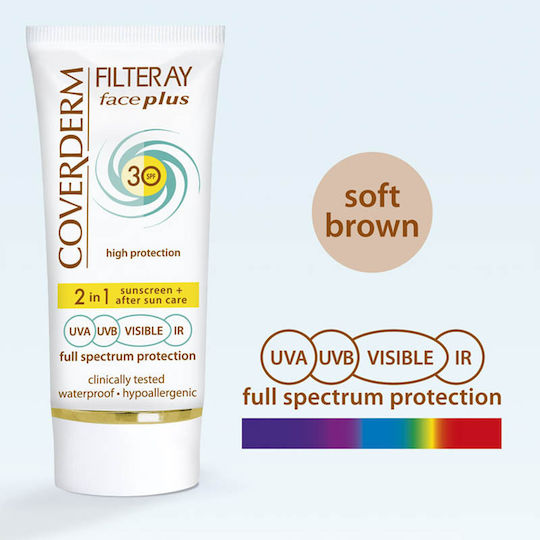 Coverderm Filteray Plus 2 in 1 Tinted Soft Brown Oily/A Waterproof Sunscreen Cream Face SPF30 with Color 50ml