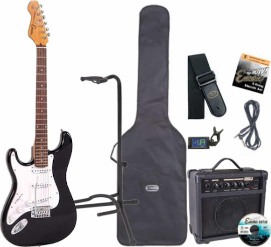 JHS Encore LH Pack Set Elektrische Gitarre für Linkshänder Stratocaster mit SSS Tonabnehmerkonfiguration Schwarz mit Tasche