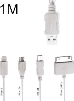 Powertech Редовен USB към Apple 30-Pin / Мълния / микро USB / мини USB Кабел Бял 1м (PT-214)