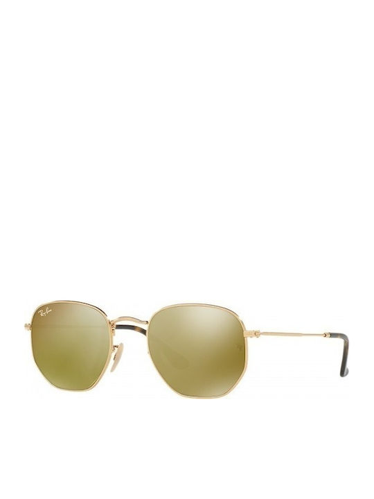 Ray Ban Hexagonal Unisex Sunglasses with Gold Metal Frame and Yellow Mirror  Lens RB3548N 001/93