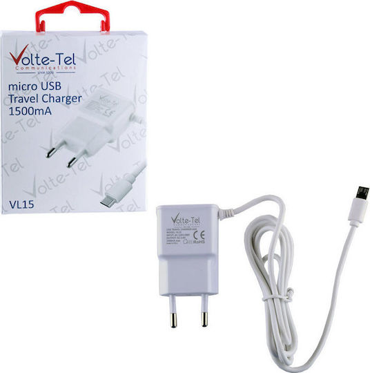 Volte-Tel Ladegerät mit integriertem Kabel Micro-USB Weißs (VL15)